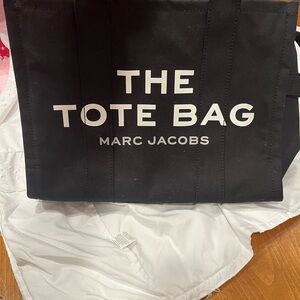 Marc Jacobs Black Canvas Zippered Tote Bag with White Lettering